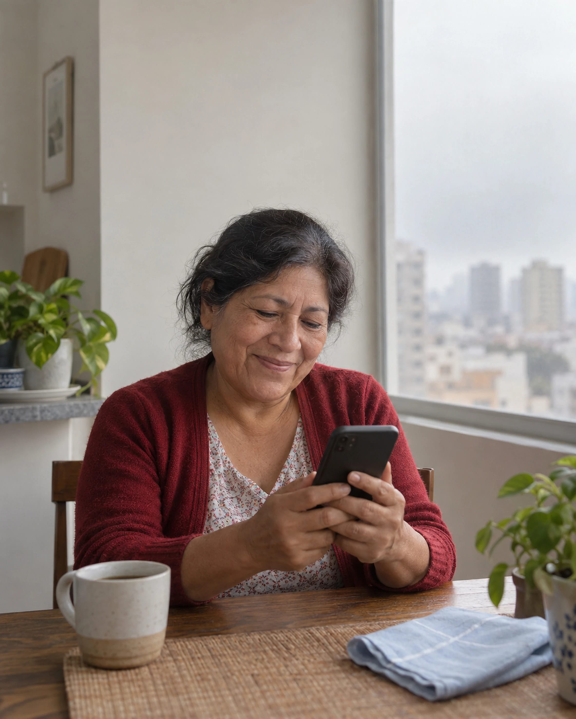 A woman smiles at her phone at her kitchen table in Lima.