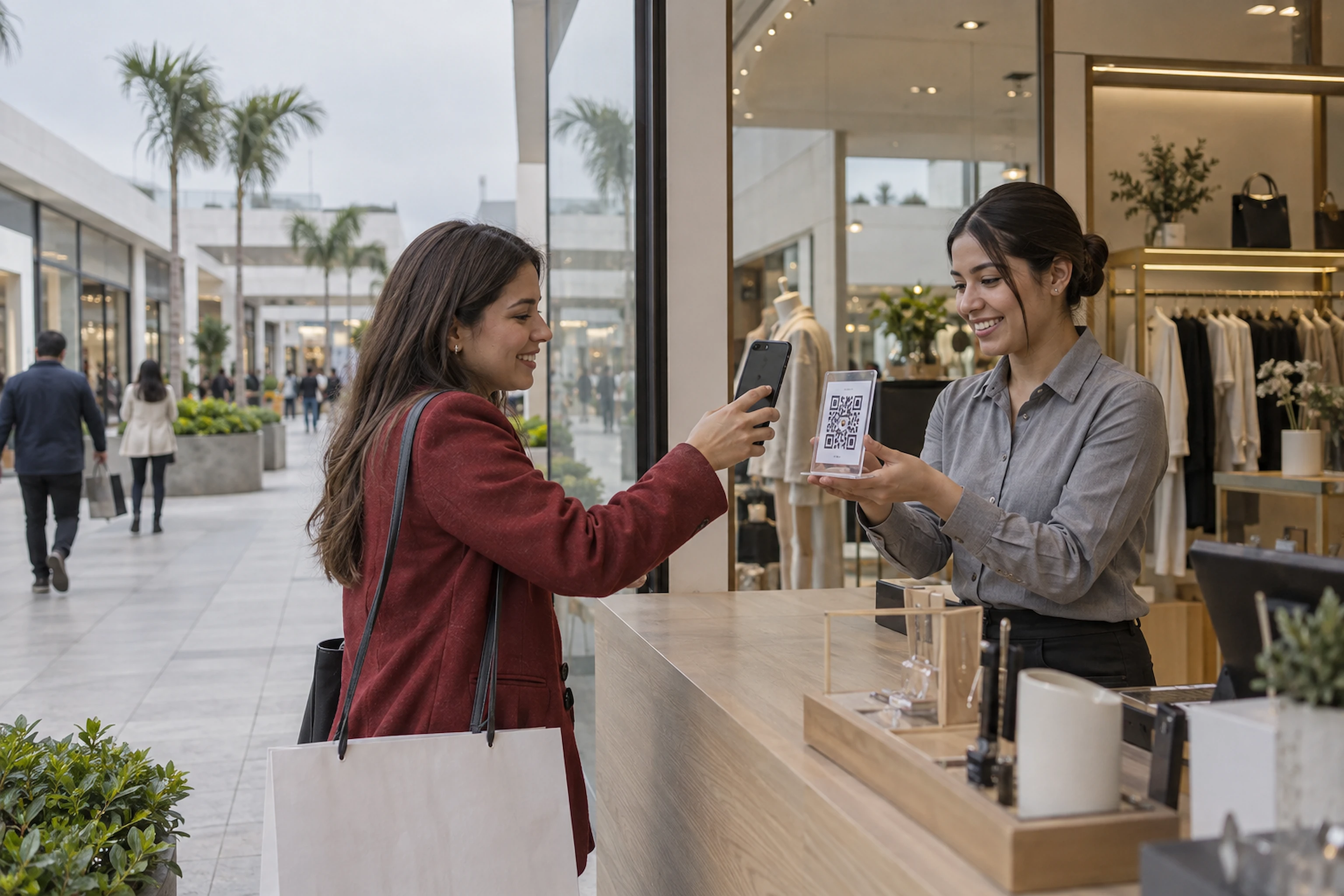 A shopper scans a store’s QR code with her phone to pay at a boutique in an open-air mall in Surco, Lima.