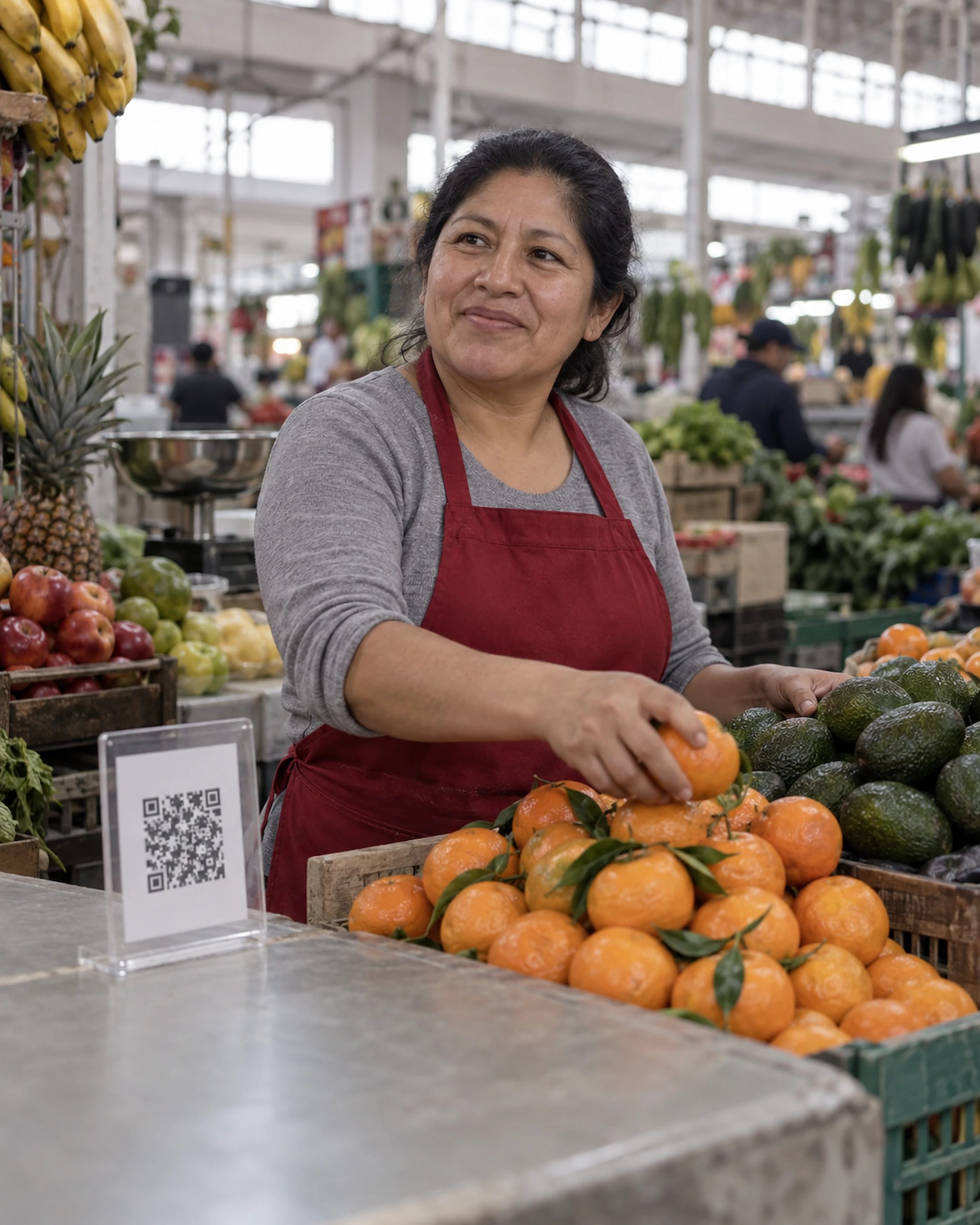A fruit vendor in a Lima market arranges mandarins next to her QR code stand.