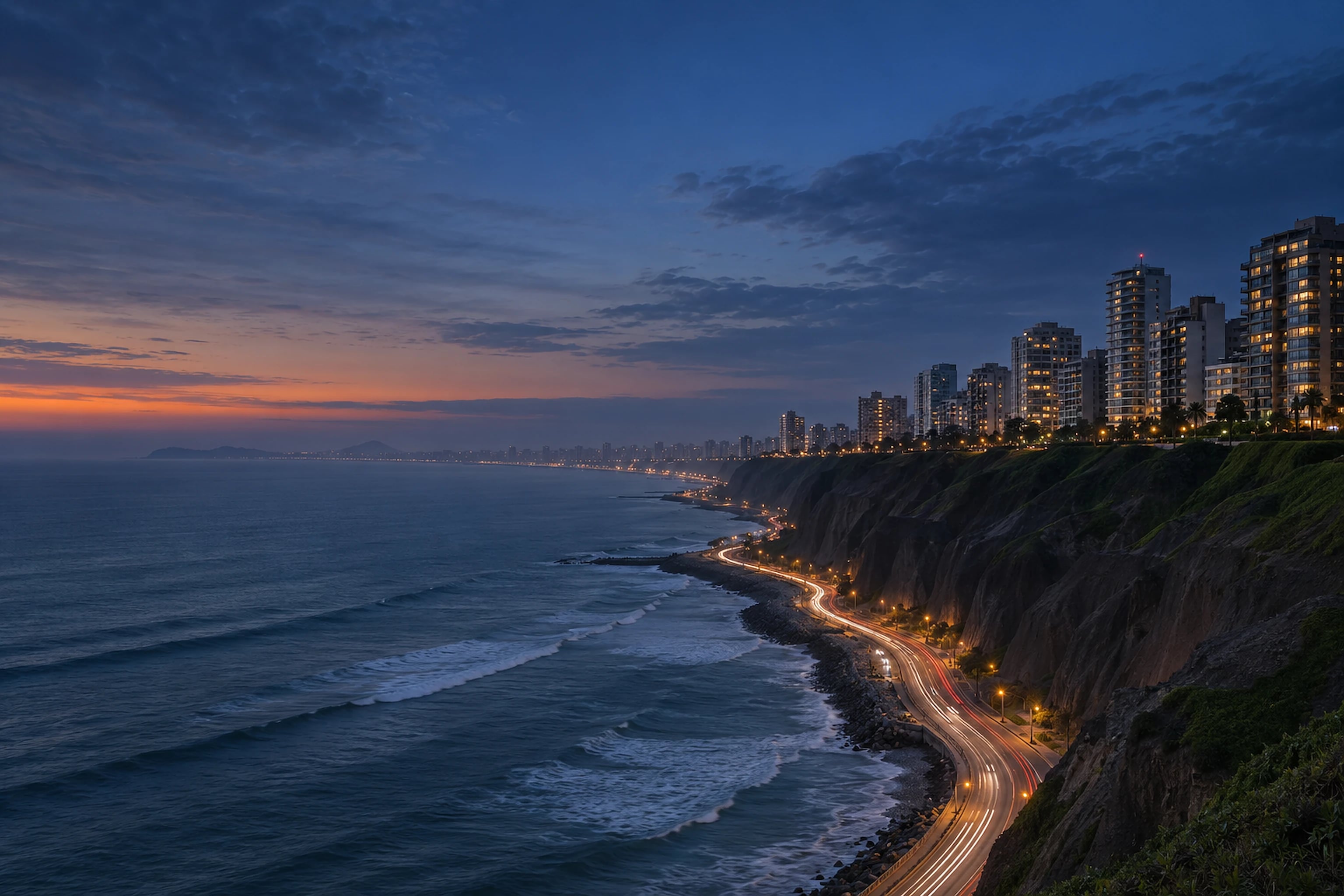 Miraflores a la hora azul: los acantilados de la Costa Verde sobre el Pacífico y los edificios iluminados del malecón.