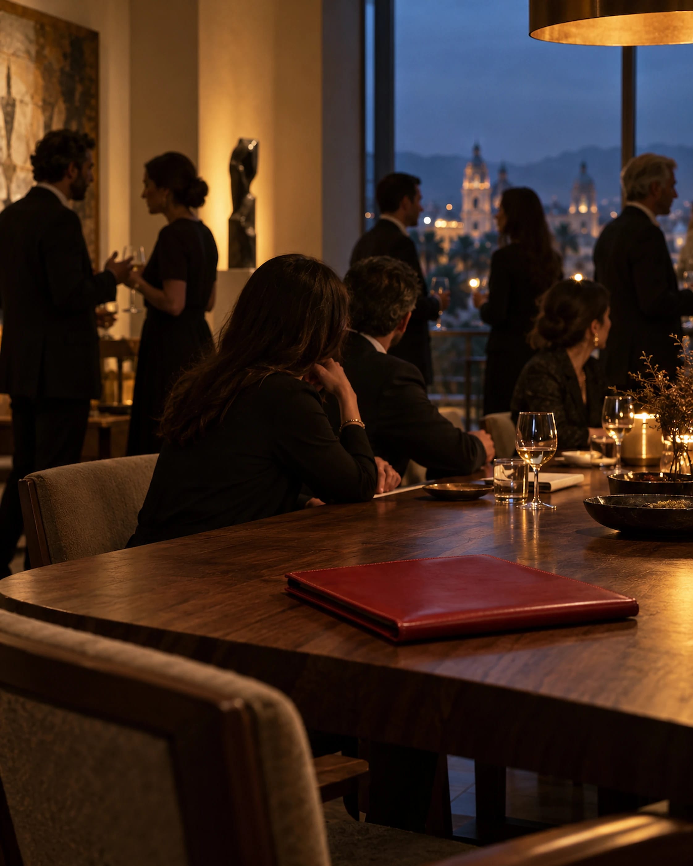 Una reunión nocturna alrededor de una mesa larga, invitados conversando en voz baja bajo una luz cálida.